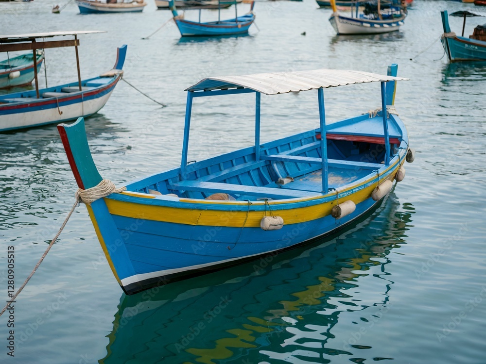 Obraz premium Luzzu - Traditional Maltese Wooden Boat Docked in Quiet Coastal Marina, Malta