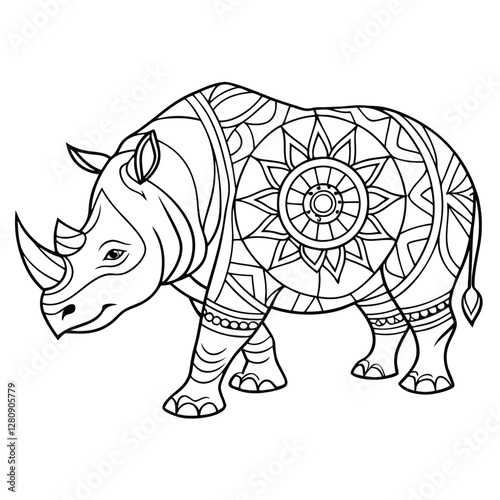 Rhino Coloring Page: Detailed Zentangle Style Illustration of a Rhinoceros for Adults and Kids, Printable Animal Art Therapy Activity