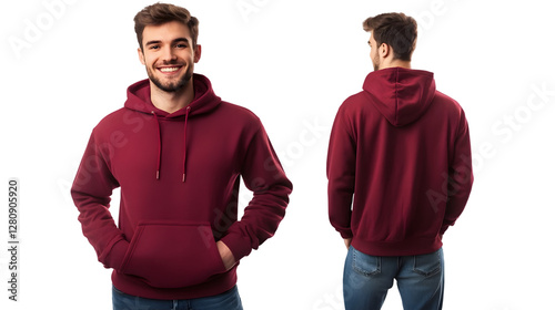 Portrait of a happy handsome american young attractive man, wearing a red maroon hoodie sweater and jeans, front and back view
