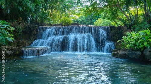 A beautiful waterfall cascades down rocky ledges amidst lush foliage