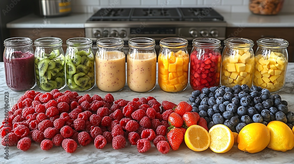 Fresh Fruit Jars Raspberries Blueberries Kiwi Mango Smoothie Ingredients Fresh Fruit Jars Raspberries Blueberries Kiwi Mango Smoothie Ingredients