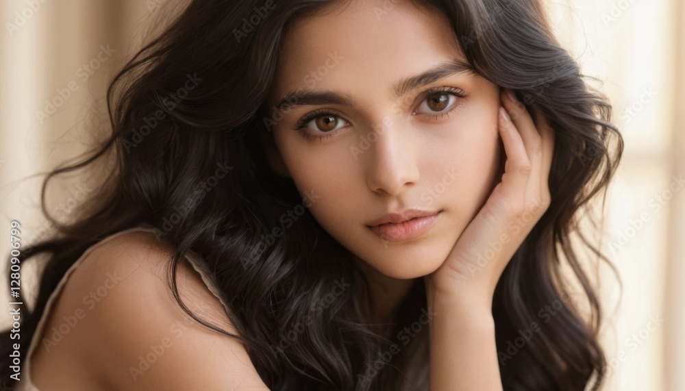 Beautiful Woman Portrait with Long Dark Hair and Soft Makeup