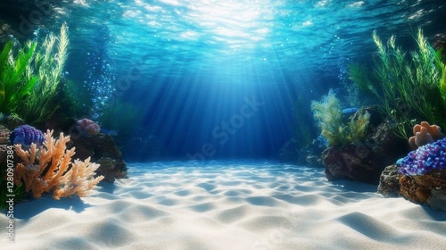 Sunlit Ocean Floor with Coral Reefs and Aquatic Plants in Tranquil Blue Waters