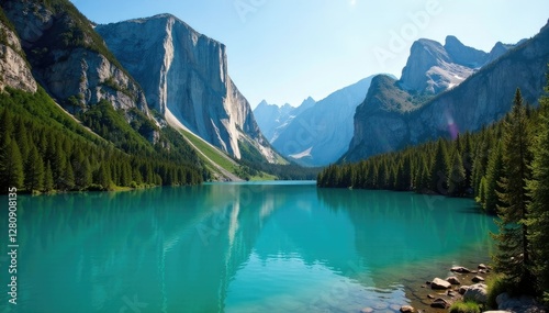 Turquoise lake amidst towering granite cliffs, sunlight filtering through, grays, nature, greens