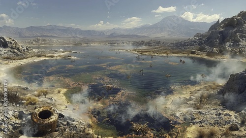 post apocalyptic landscape vast irradiated lake dystopian scenery dramatic wasteland hauntingly beautiful deserted environment desolate ruins vivid colors intense atmosphere surreal backdrop fantasy w