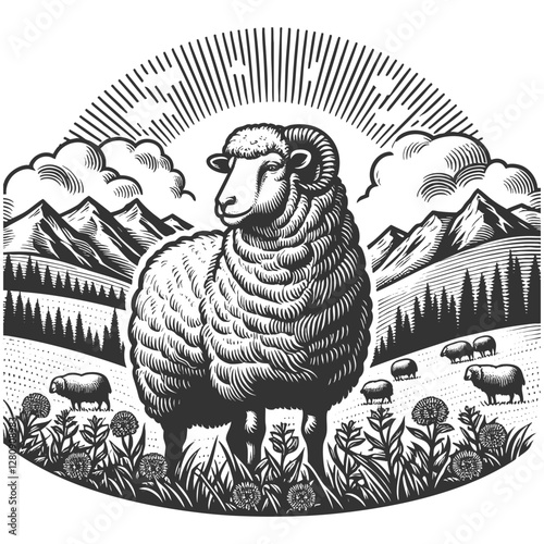 sheep grazing in an alpine meadow, with mountains, a farmhouse, and other sheep in the background, drawn in an engraved style sketch engraving generative ai vector. Scratch board. Black and white.