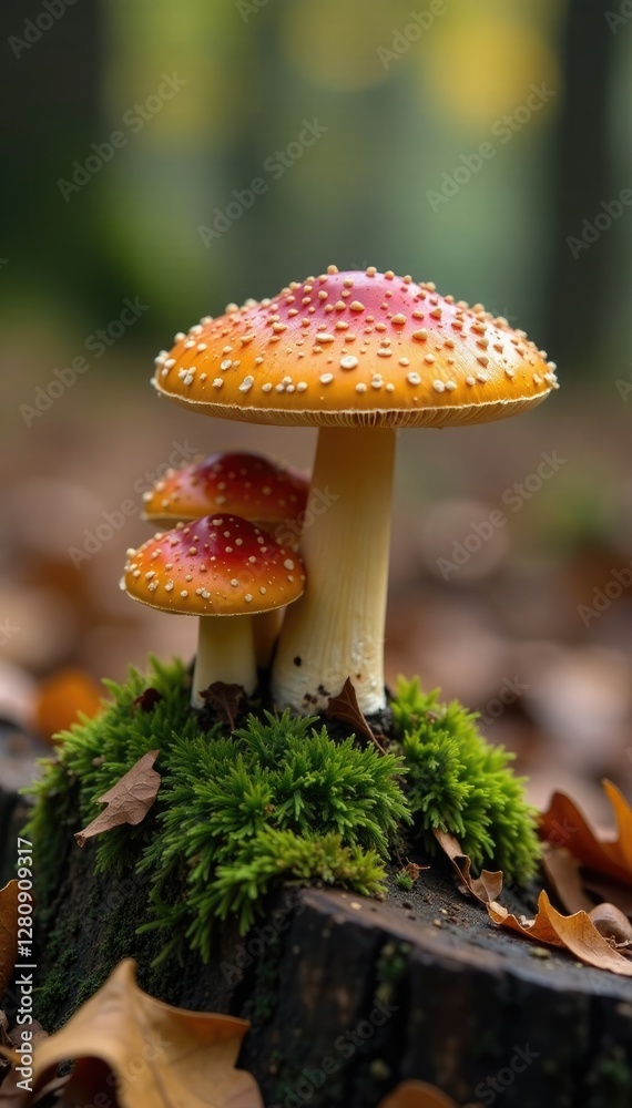Fototapeta premium Wild mushroom species growing among fallen leaves and soft moss on a decaying tree stump in autumn, autumn, fungi, forest floor