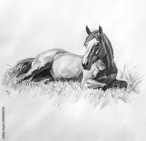 Penciled sketch of a horse resting in grass. photo