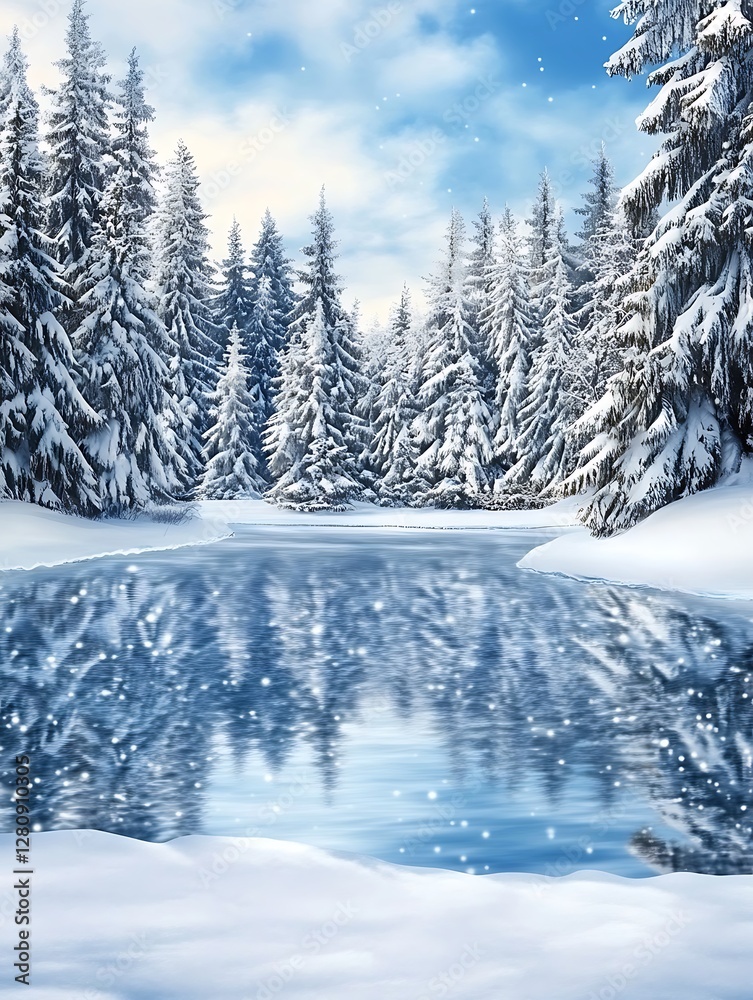 Serene Winter River Landscape with Snow Covered Trees and Blue Sky Serene Winter River Landscape with Snow Covered Trees and Blue Sky