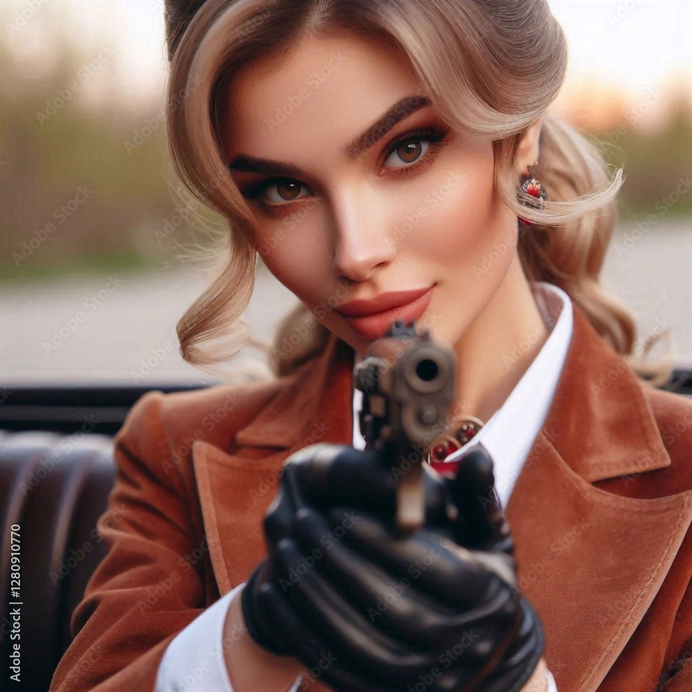 A charming woman, holding a large black pistol, aims at the camera A charming woman, holding a large black pistol, aims at the camera