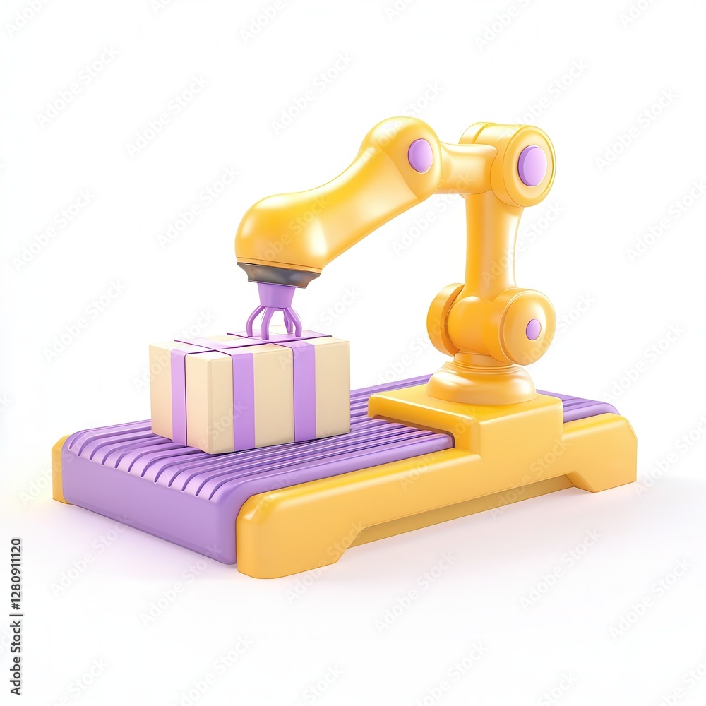 A colorful robotic arm placing a gift box on a purple and yellow base. A colorful robotic arm placing a gift box on a purple and yellow base.