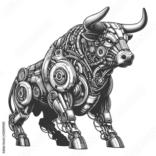 cybernetic bull with mechanical components, gears, and futuristic robotic details in steampunk style sketch engraving generative ai vector illustration. Scratch board imitation. Black and white image.