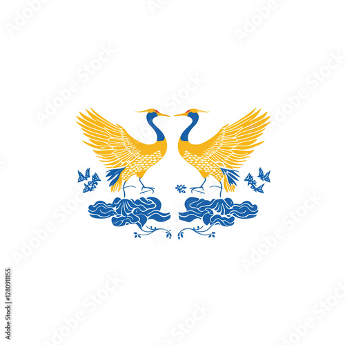 Two Golden Cranes in Symmetrical Design with Blue Clouds and Floral Elements