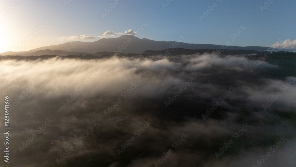 Drone aerial view of Platanar Volcano above the clouds in Costa Rica Drone aerial view of Platanar Volcano above the clouds in Costa Rica