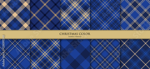Blue colored Christmas checkerd backgrounds, Vector seamless plaid patterns/青×金色のクリスマスカラーのチェック柄パターンセット