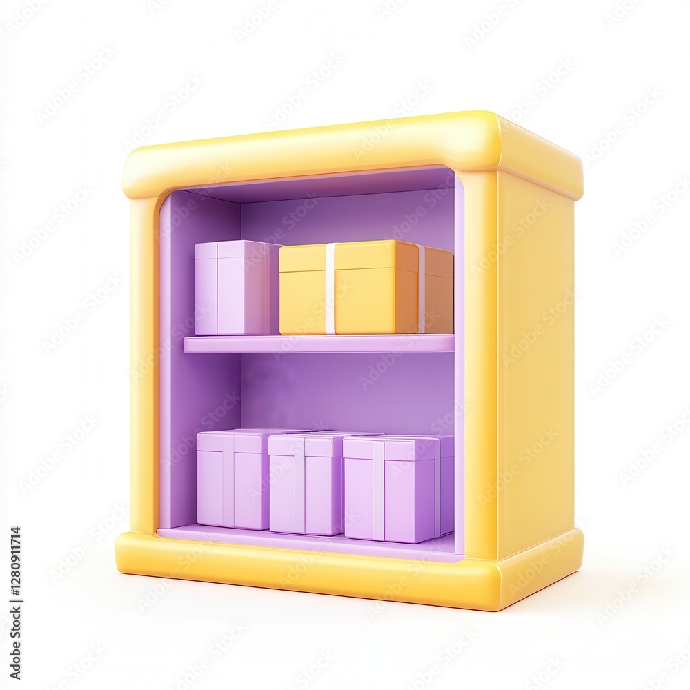A colorful 3D display shelf containing various gift boxes in purple and yellow. A colorful 3D display shelf containing various gift boxes in purple and yellow.