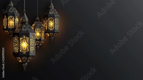 Intricate Illuminated Moroccan Lanterns Hanging Dark Background