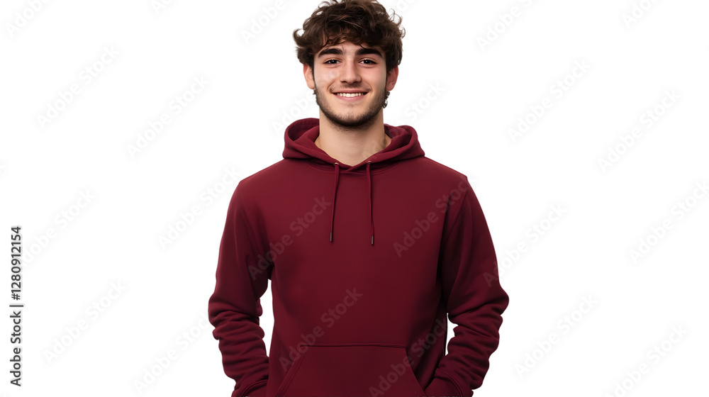 Naklejka premium Portrait of a happy handsome american young attractive man, wearing a red maroon hoodie sweater and jeans, front view