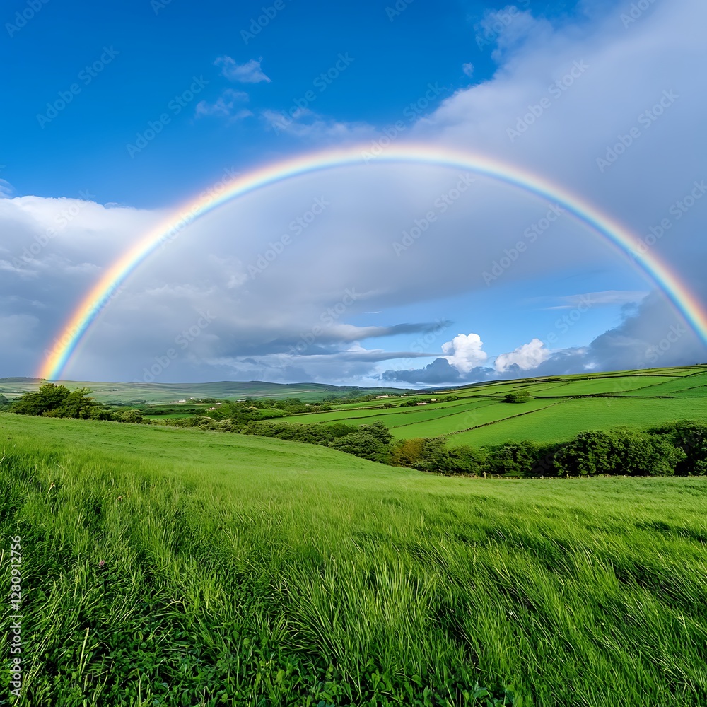 Obraz premium Vibrant Rainbow Arcing Over Lush Green Rolling Hills