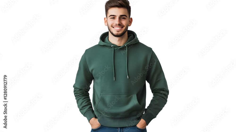 Portrait of a happy handsome american young attractive man, wearing a green hoodie sweater and jeans, front view Portrait of a happy handsome american young attractive man, wearing a green hoodie sweater and jeans, front view