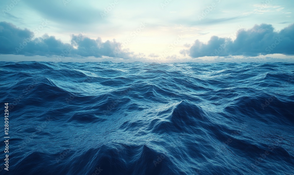 Fototapeta premium Beautiful Blue Ocean Waves Under Majestic Cloudy Sky at Sunrise, Tranquil Seascape with Vibrant Colors and Serene Atmosphere, Ideal for Nature and Travel Themes, Romantic Ocean View at