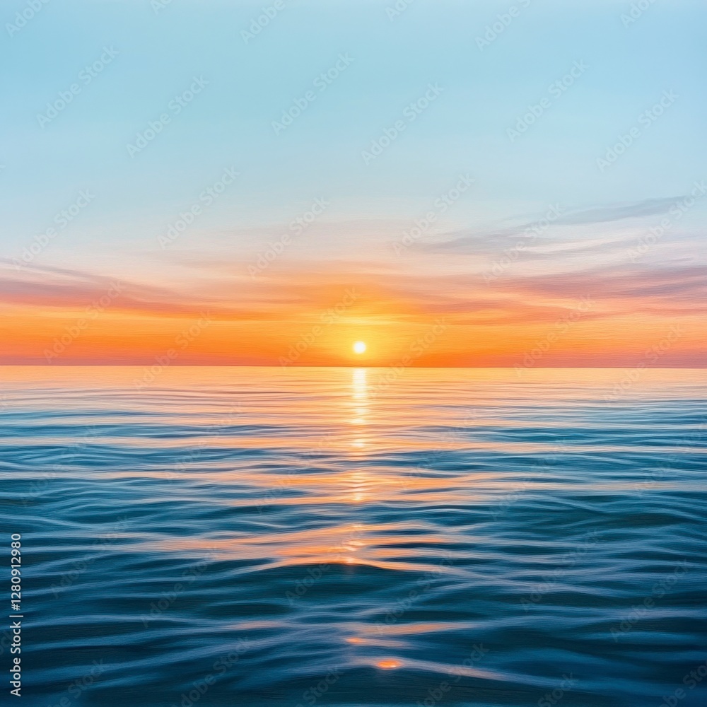 Vibrant Ocean Sunset with Golden Horizon Reflecting on Calm Waters and Clear Sky Vibrant Ocean Sunset with Golden Horizon Reflecting on Calm Waters and Clear Sky