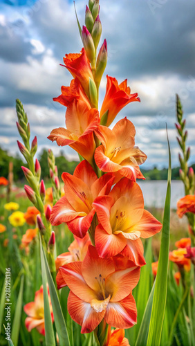 A gladiolus with tall flexible stems and large rubbery petals in bright orange and white