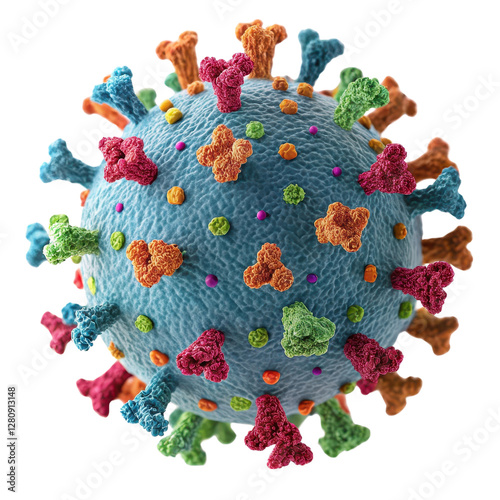 Detailed Illustration of a Colorful Virus Cell with Unique Surface Structures and Features