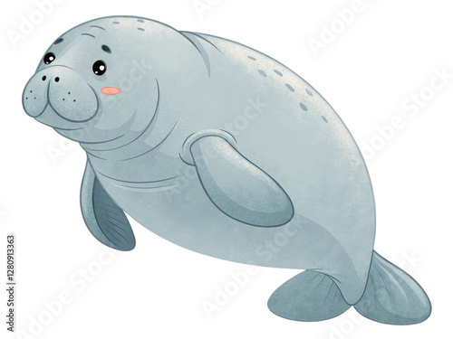 Cute Cartoon Manatee Character Swimming with a Playful Expression and Simple Background