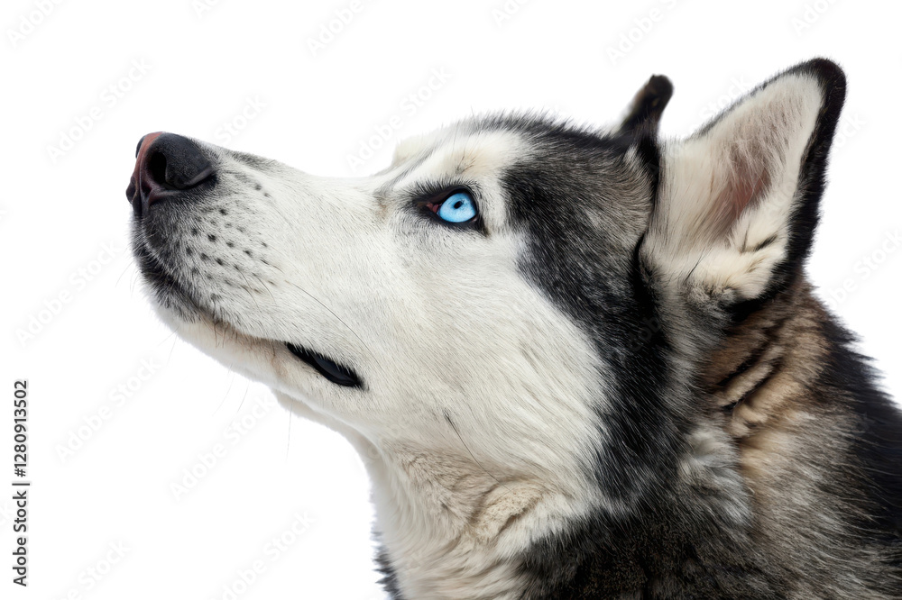 Obraz premium Majestic Siberian Husky with Striking Blue Eyes Looking Upward in Profile against Black Background
