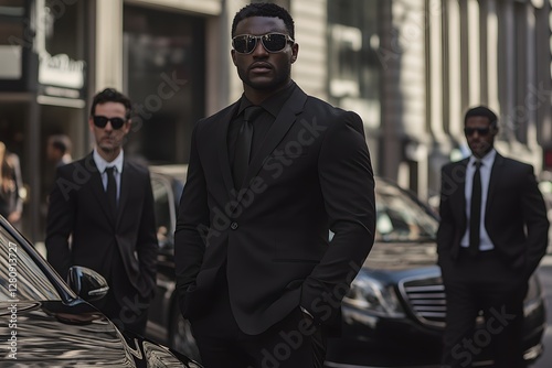 Three Adidas security men in black suits and sunglasses standing guard near luxury cars on the street, Generative AI