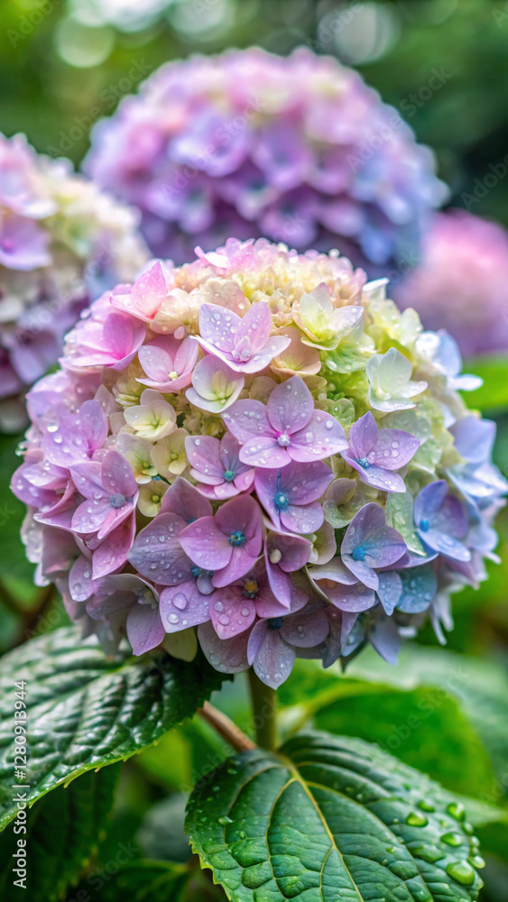 A hydrangea with clusters of fluffy pastel colored blooms that puff up in the rain. A hydrangea with clusters of fluffy pastel colored blooms that puff up in the rain.