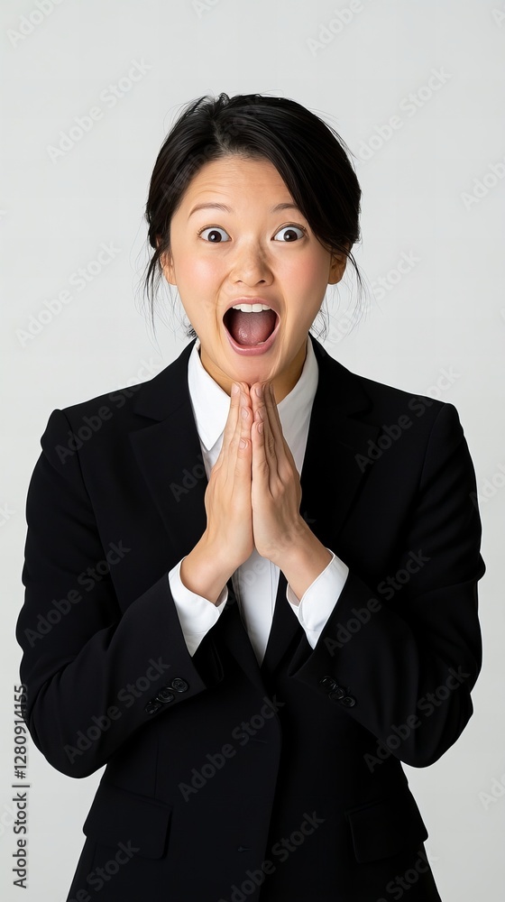 Astonished young Asian businesswoman in a black suit with hands clasped in prayer. Astonished young Asian businesswoman in a black suit with hands clasped in prayer.