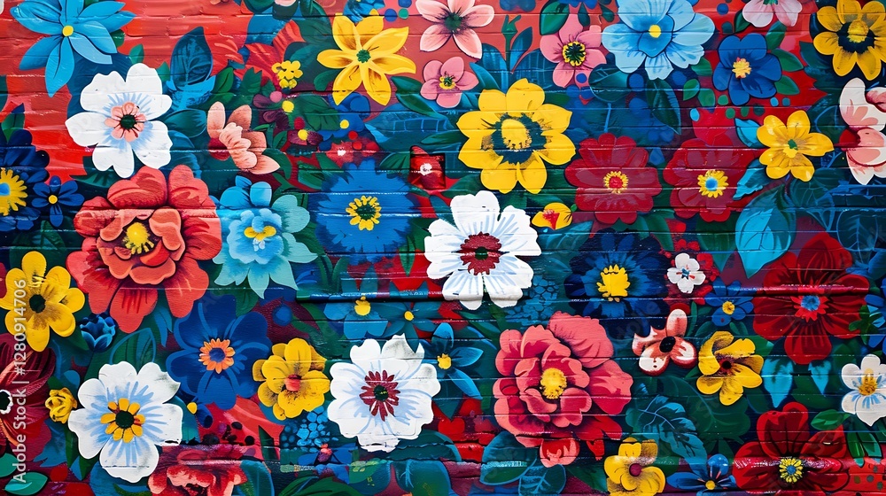 Detailed HD image of a colorful flower-covered wall with bright red, white, blue, and yellow blooms Detailed HD image of a colorful flower-covered wall with bright red, white, blue, and yellow blooms