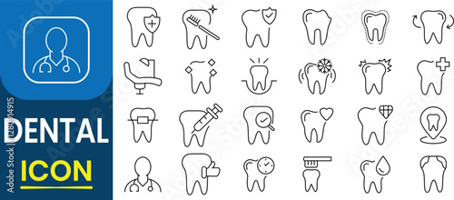 Dentist and tooth icon set. Dental icon collection. Dentist, care, teeth,  tooth, implant, removal, broken, root canal. Medical health and dentistry concept. Vector illustration.