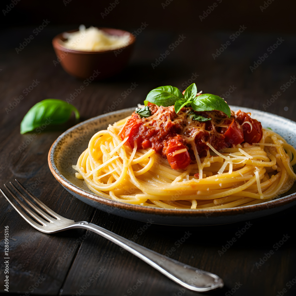 Fototapeta premium Classic spaghetti with marinara sauce parmesan cheese and fresh basil served on a rustic plate with ingredients in the background