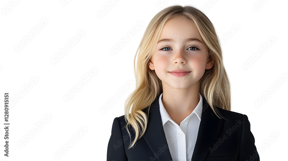 portrait of a kid female model, wearing an exquisite black suit and white shirt, mockup concept template portrait of a kid female model, wearing an exquisite black suit and white shirt, mockup concept template