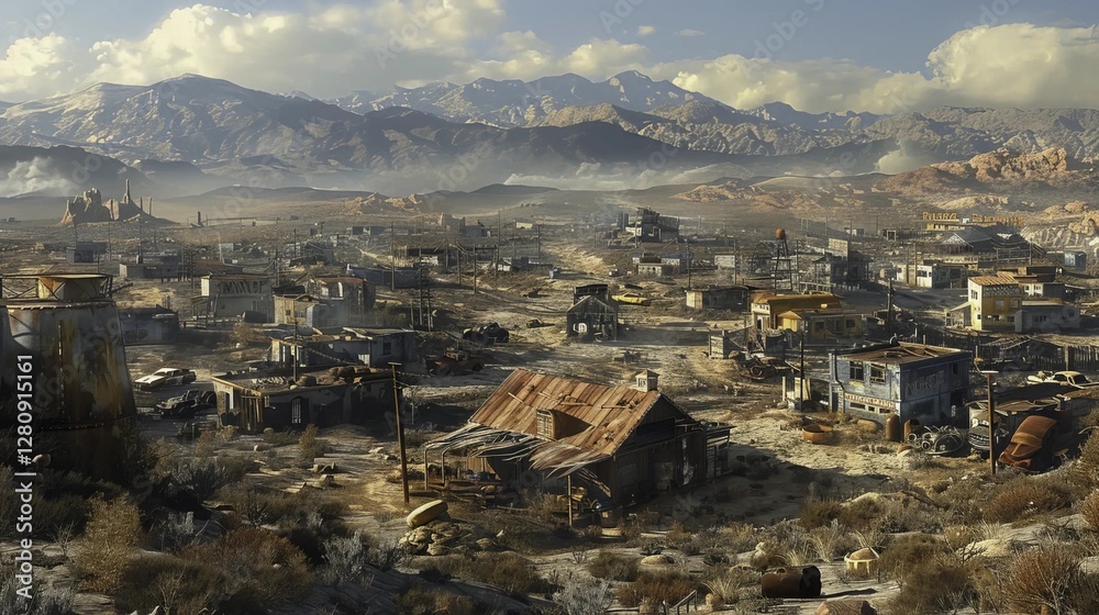 Fototapeta premium post apocalyptic landscape desolate wasteland ruined city abandoned structures barren terrain survival atmosphere dystopian vision harsh environment dramatic skies empty streets gritty scenery