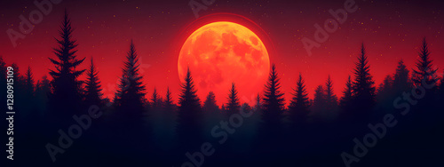 Red moon rising over the forest, simple vector graphic style

