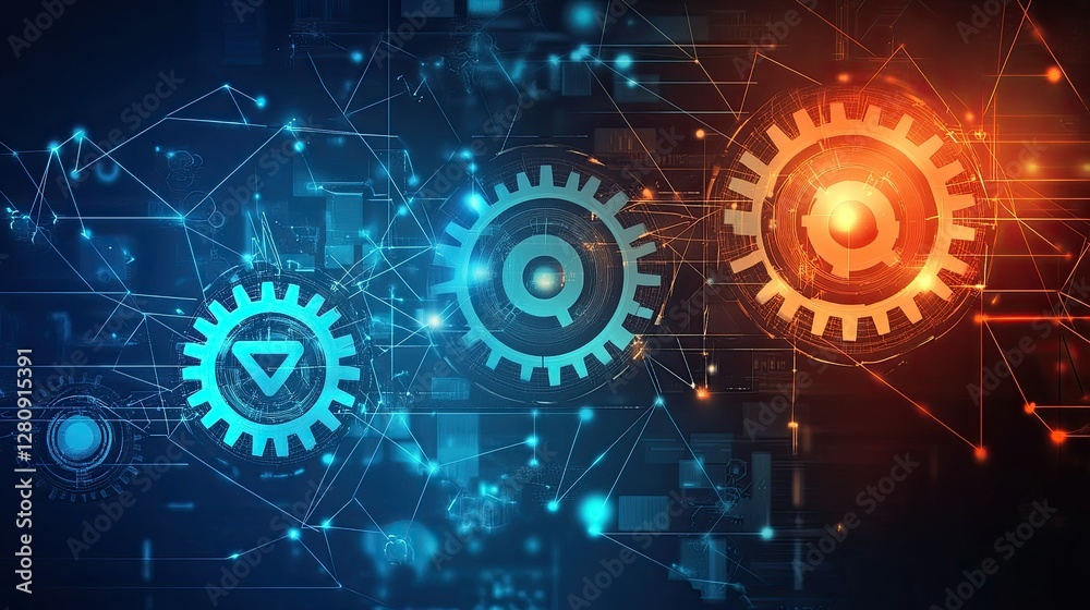 Obraz premium Abstract business automation concept, gears and icons on gradient background