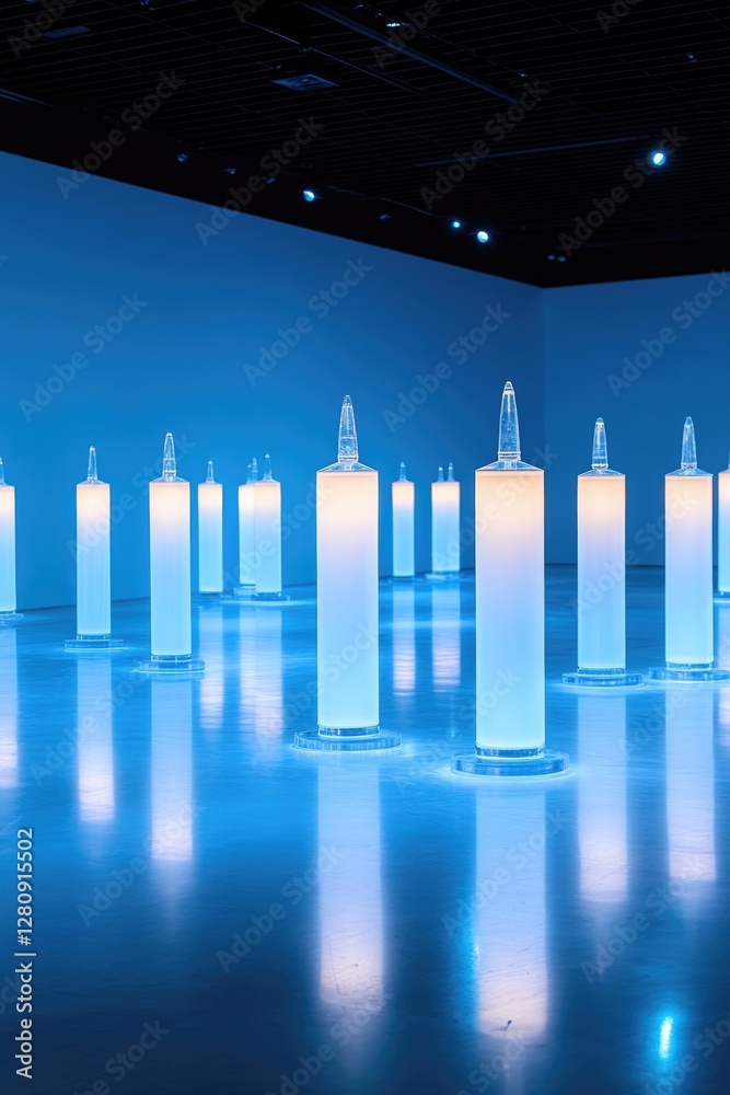 Illuminated columns create serene atmosphere, reflecting soft bl