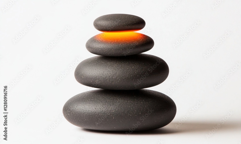 A serene arrangement of smooth black stones stacked harmoniously with a glowing orange stone in the center, symbolizing balance and tranquility, ideal for wellness and relaxation themes A serene arrangement of smooth black stones stacked harmoniously with a glowing orange stone in the center, symbolizing balance and tranquility, ideal for wellness and relaxation themes