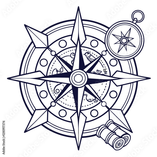 Compass Rose Illustration: Vintage Nautical Navigation Tool with Binoculars and Detailed Design for Exploration and Adventure Theme