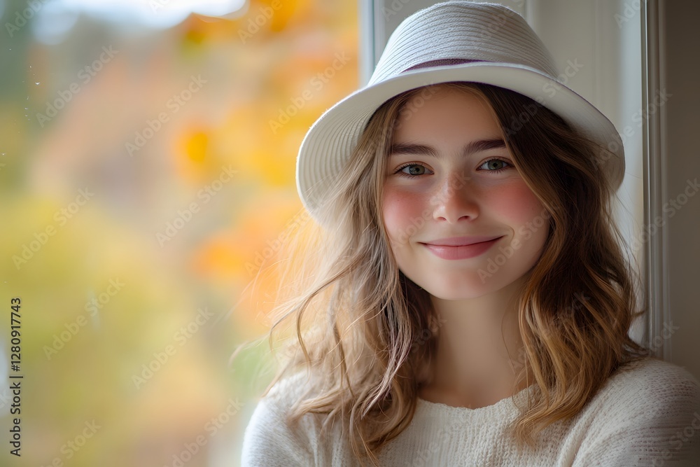 Portrait of a smiling young woman wearing a white hat and casual , standing near a window in autumn, with space for text, Generative AI Portrait of a smiling young woman wearing a white hat and casual , standing near a window in autumn, with space for text, Generative AI