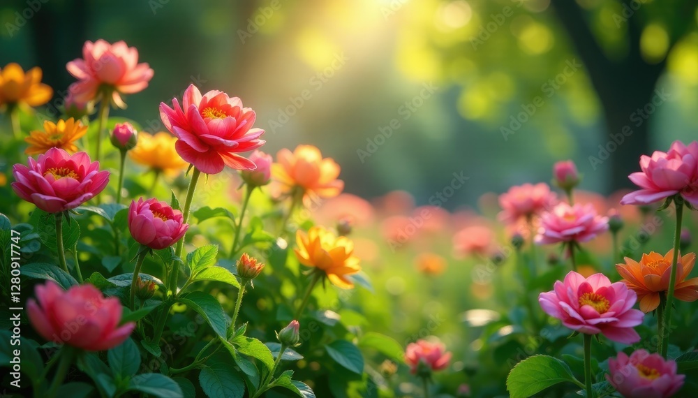 Blooming flowers in a lush garden with sunlight filtering through, shade, foliage, light Blooming flowers in a lush garden with sunlight filtering through, shade, foliage, light