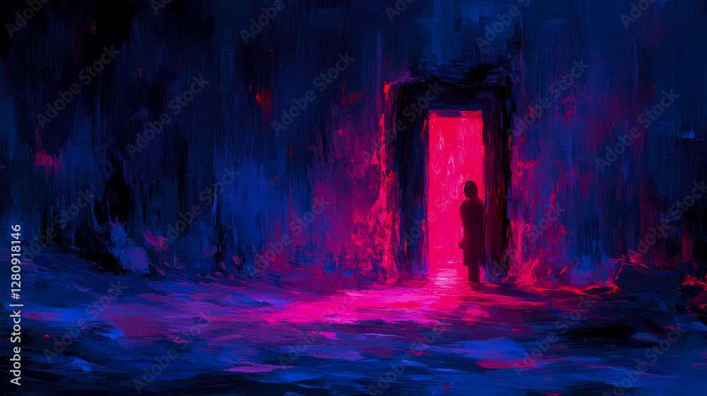 Fototapeta premium Abstract Acrylic of a Silhouette by a Glowing Doorway to another Dimension