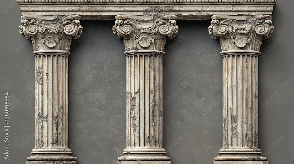 Fototapeta premium Ancient architectural columns set against a gray background