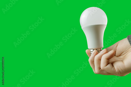 Mano de mujer sostiene una bombilla LED ecológica, concepto de eficiencia energética y sostenible. Conciencia ambiental y ahorro de energía. Tecnología ecológica y respeto al medio ambiente photo