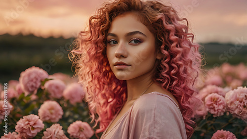 Dreamy Pink Aesthetic | Woman with Curly Pink Hair in Rose Garden photo