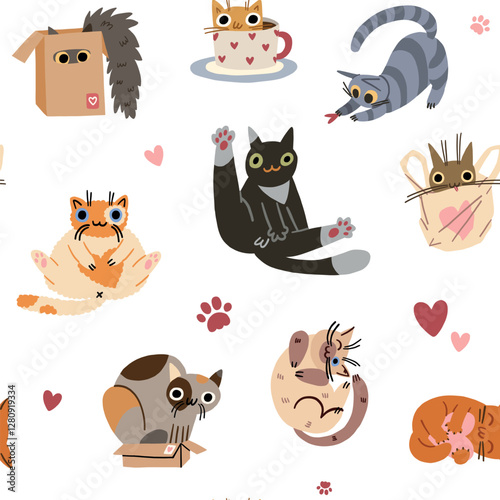 Seamless pattern with cute funny cats sit, lie, play in different poses. Charming feline animals, clumsy funny kittens of different breeds. With a heart for Valentine's Day.